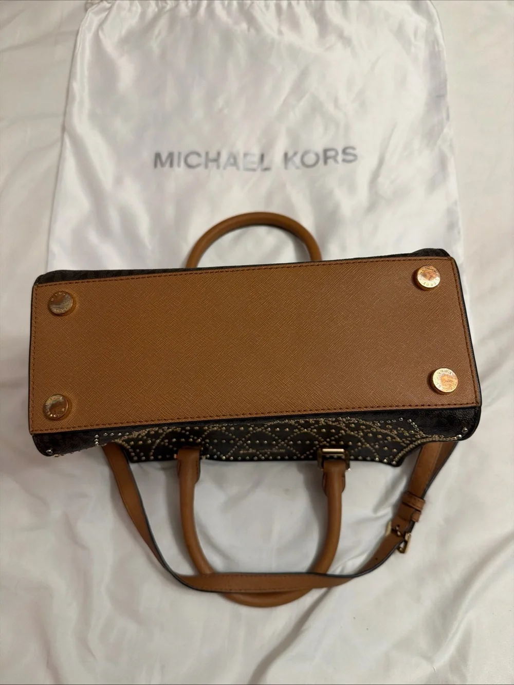 Michael Kors Black Front with Brown Trim Studded Satchel